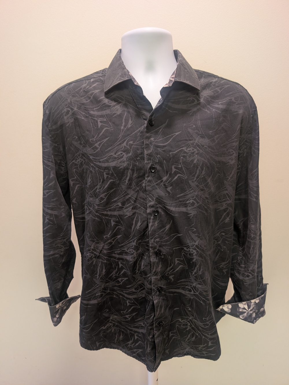 Men's Abstract-Print Long Sleeve Button-Down Shirt With Floral Cuff And Collar